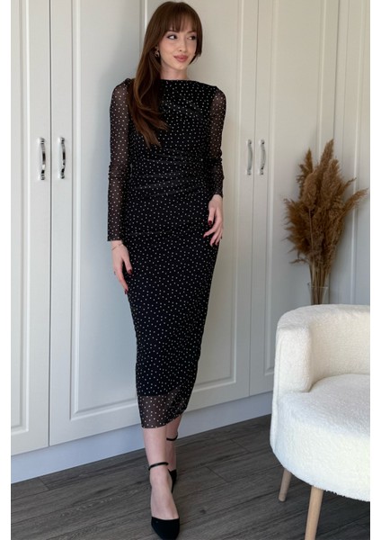 Drapeli Uzun Kol Puantiyeli Midi Tül Elbise indirimleri