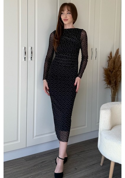 Drapeli Uzun Kol Puantiyeli Midi Tül Elbise