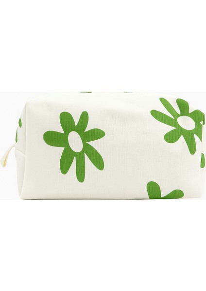Yeşil Çiçek Desenli Makyaj Çantası