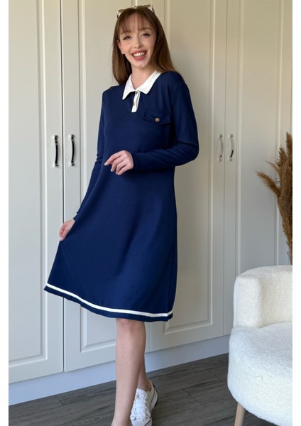 Polo Yaka Uzun Kollu Lacivert Elbise indirimleri