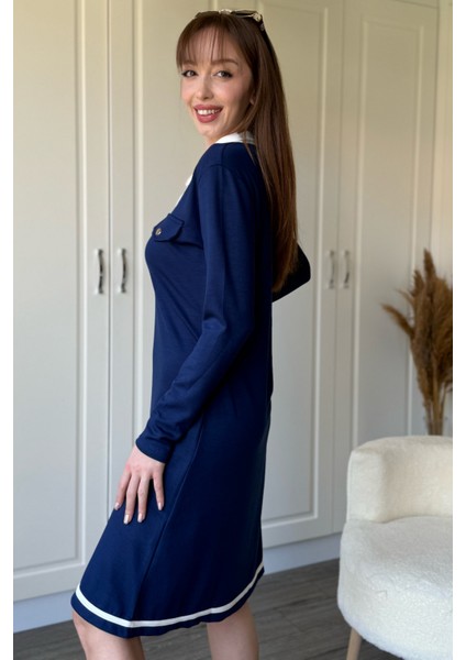 Polo Yaka Uzun Kollu Lacivert Elbise