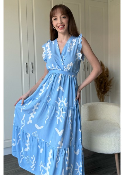 Kruvaze Mavi Desenli Midi Elbise