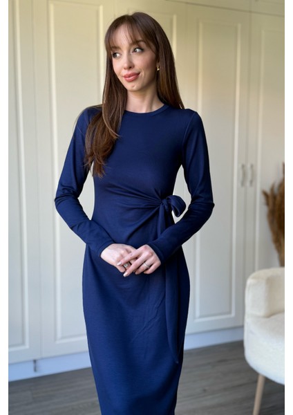 Bağlamalı Modal Uzun Kollu Midi Lacivert Elbise