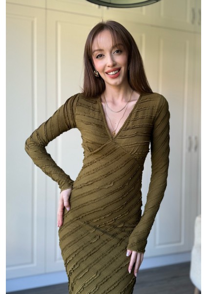 Fırfırlı V Yaka Haki Midi Elbise