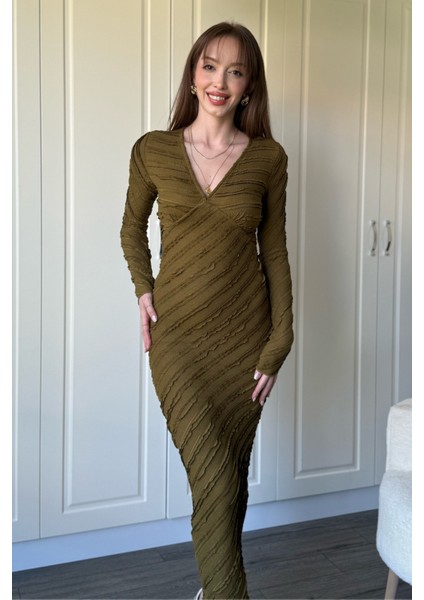 Fırfırlı V Yaka Haki Midi Elbise