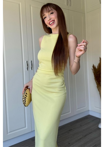 Drapeli Midi Sarı Elbise