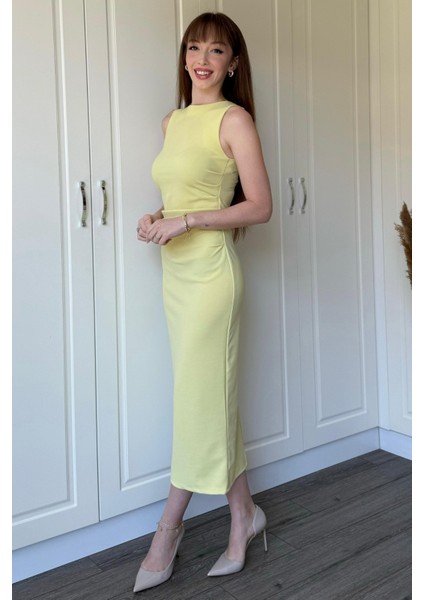Drapeli Midi Sarı Elbise modelleri