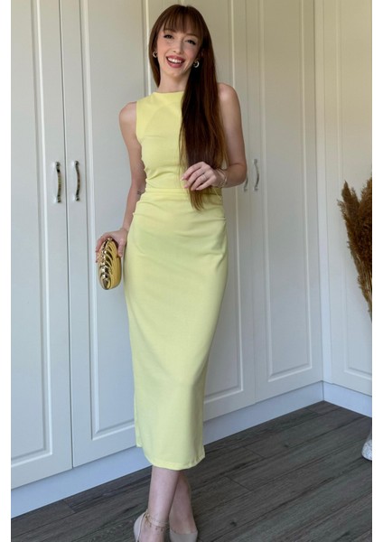 Drapeli Midi Sarı Elbise