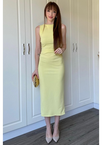 Drapeli Midi Sarı Elbise