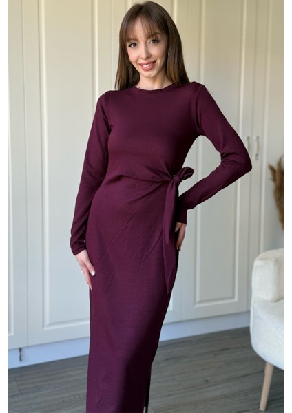 Bağlamalı Modal Uzun Kollu Midi Bordo Elbise fiyatları