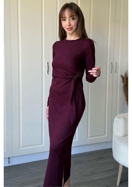 Bağlamalı Modal Uzun Kollu Midi Bordo Elbise fırsatları