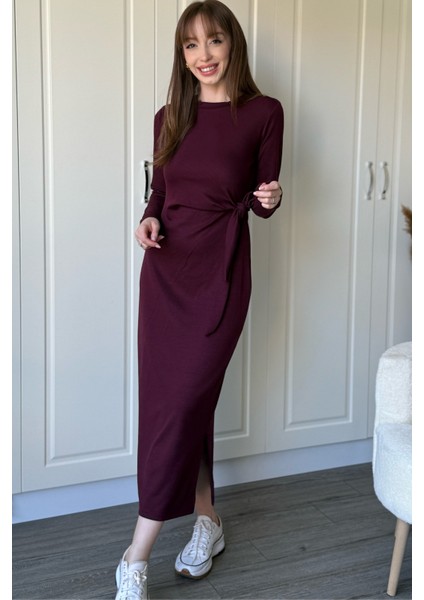 Bağlamalı Modal Uzun Kollu Midi Bordo Elbise