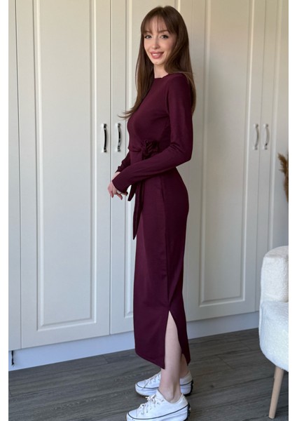 Bağlamalı Modal Uzun Kollu Midi Bordo Elbise