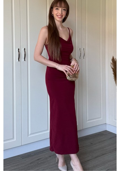 Sandy Kumaş Degaje Yaka Bordo Uzun Elbise fırsatları