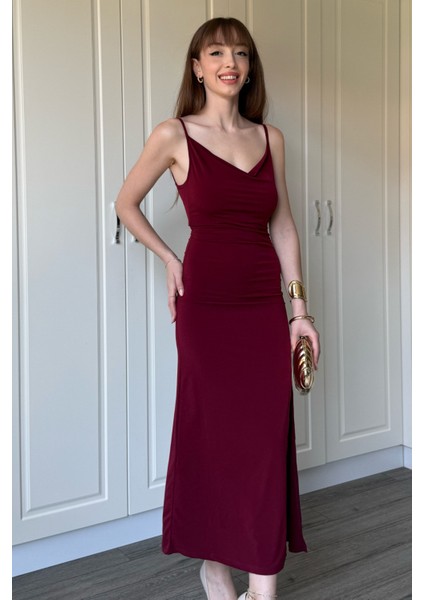 Sandy Kumaş Degaje Yaka Bordo Uzun Elbise