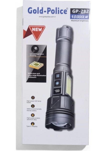 Buğz Gold-Police GP-282 Uzun Menzilli Güçlü Şarjlı 10000 Lümen El Feneri 11 Mod Çakar Işıklı Kırmızı-Mavi-Yeşil LED modelleri