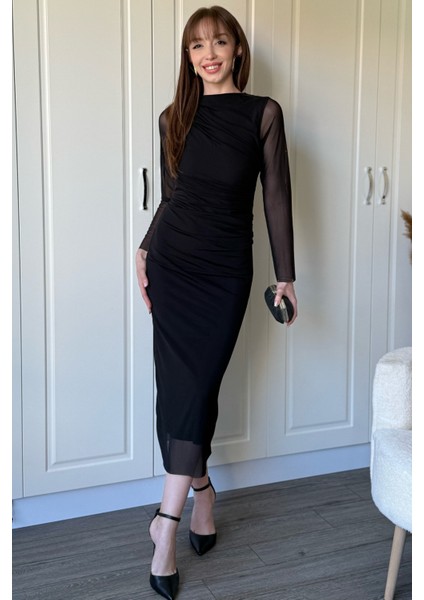 Drapeli Uzun Kollu Siyah Tül Elbise fiyatları