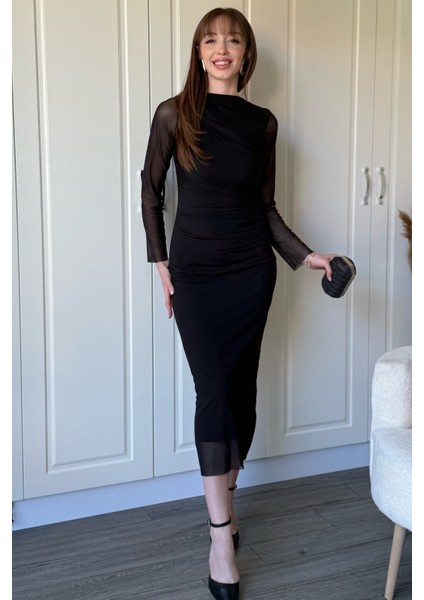 Drapeli Uzun Kollu Siyah Tül Elbise fırsatları