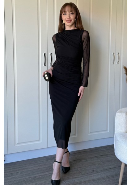 Drapeli Uzun Kollu Siyah Tül Elbise indirimleri