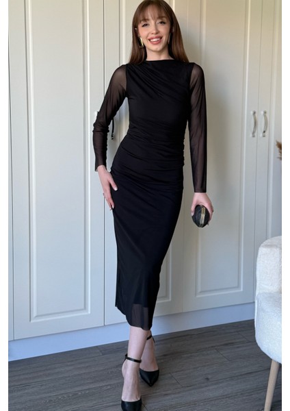 Drapeli Uzun Kollu Siyah Tül Elbise