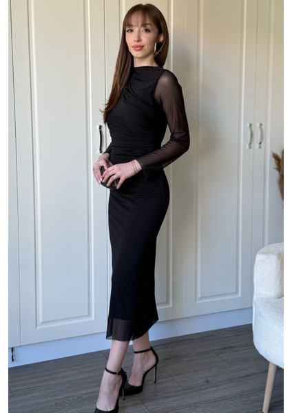 Drapeli Uzun Kollu Siyah Tül Elbise