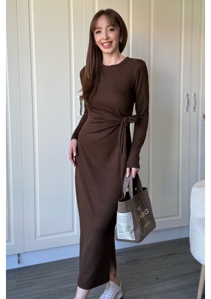 Bağlamalı Modal Uzun Kollu Midi Kahverengi Elbise indirimleri