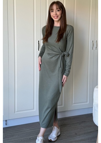 Bağlamalı Modal Uzun Kollu Midi Haki Elbise modelleri