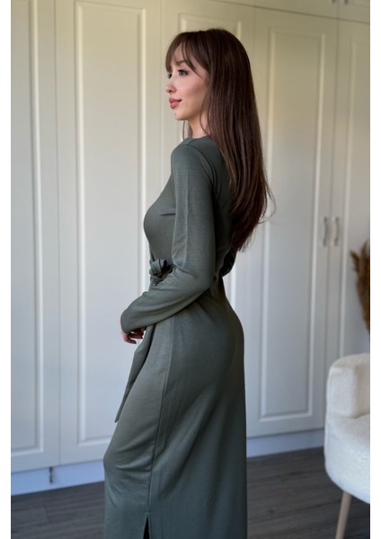 Bağlamalı Modal Uzun Kollu Midi Haki Elbise