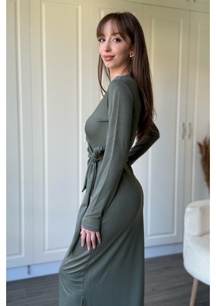 Bağlamalı Modal Uzun Kollu Midi Haki Elbise