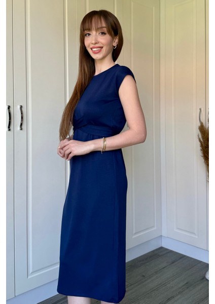 Önden Bağlamalı Lacivert Midi Modal Elbise