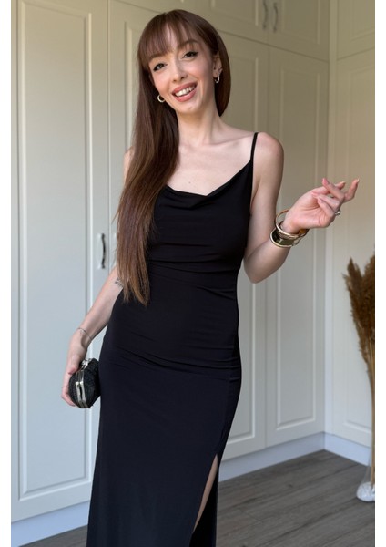 Sandy Kumaş Degaje Yaka Siyah Uzun Elbise