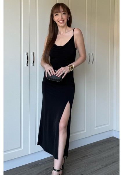 Sandy Kumaş Degaje Yaka Siyah Uzun Elbise fiyatları