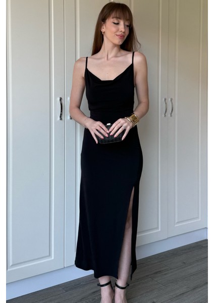 Sandy Kumaş Degaje Yaka Siyah Uzun Elbise indirimleri