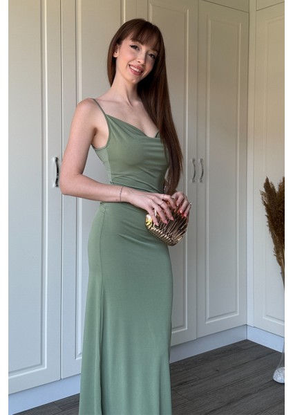 Sandy Kumaş Degaje Yaka Haki Uzun Elbise indirimleri