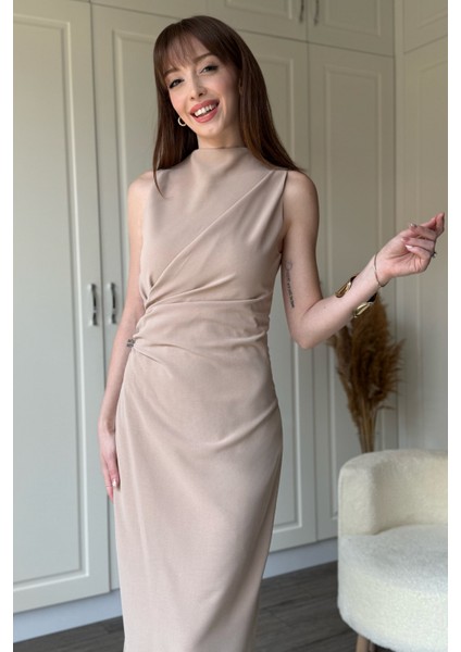 Bej Drapeli Yırtmaçlı Midi Elbise modelleri