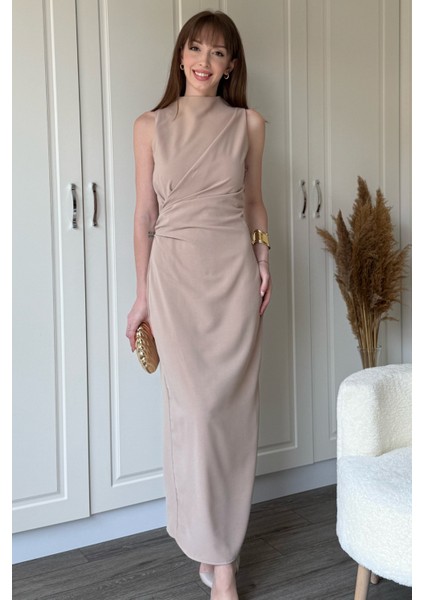 Bej Drapeli Yırtmaçlı Midi Elbise indirimleri