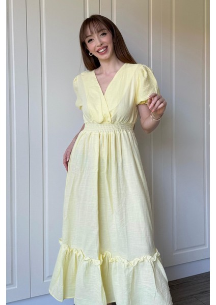 Sarı Müslin Kumaş Kısa Kol Elbise modelleri