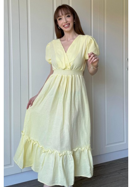 Sarı Müslin Kumaş Kısa Kol Elbise