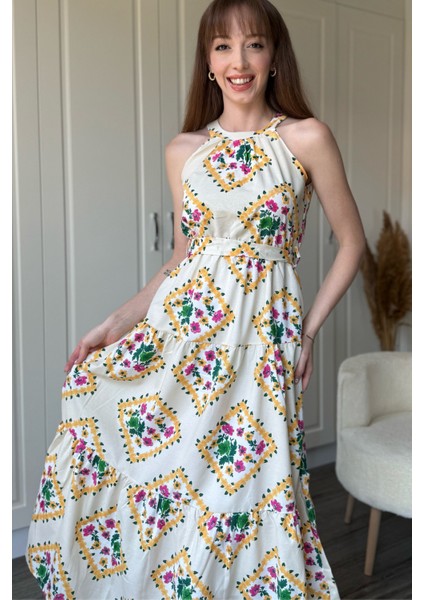 Halter Yaka Çiçekli Midi Elbise fiyatları
