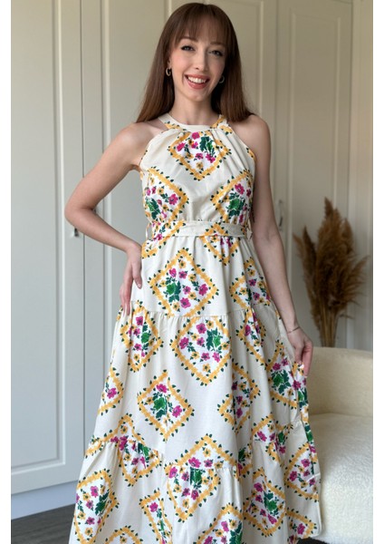 Halter Yaka Çiçekli Midi Elbise fırsatları