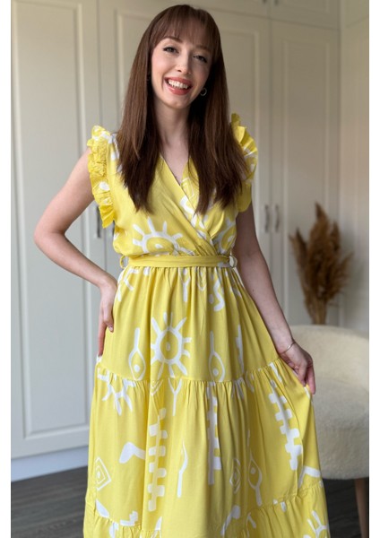 Kruvaze Sarı Desenli Midi Elbise