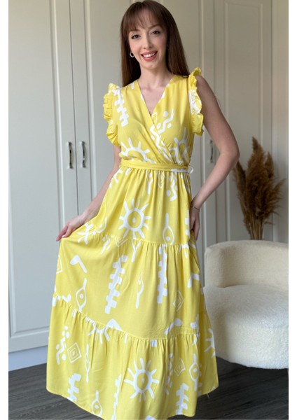 Kruvaze Sarı Desenli Midi Elbise fırsatları