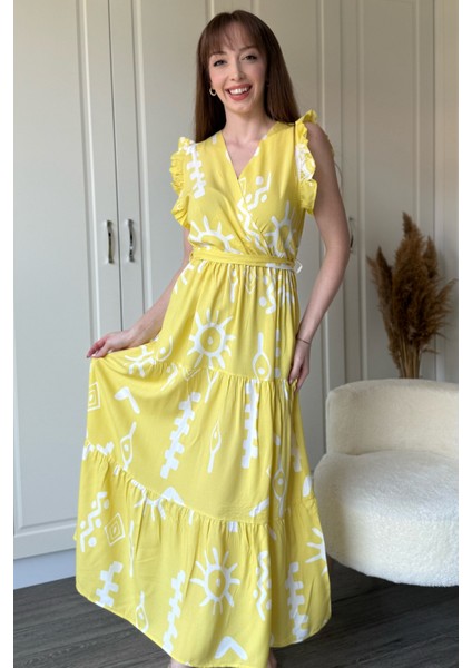 Kruvaze Sarı Desenli Midi Elbise