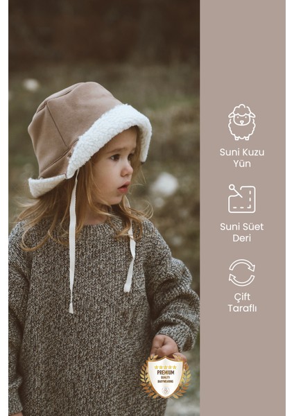 Ithal Kuzu Süet Bağcıklı Kışlık Bucket Şapka Çocuk Şapka
