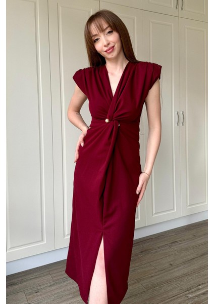 Kruvaze Yaka Vatkalı Incili Bordo Elbise