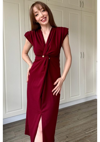 Kruvaze Yaka Vatkalı Incili Bordo Elbise fiyatları