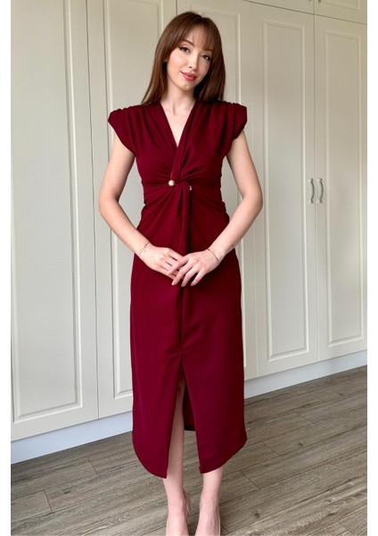 Kruvaze Yaka Vatkalı Incili Bordo Elbise