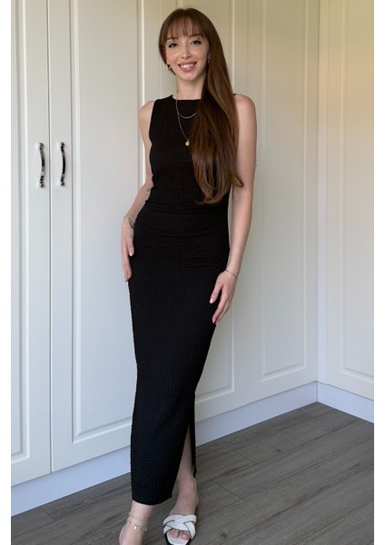 Gofre Kumaş Siyah Midi Elbise modelleri