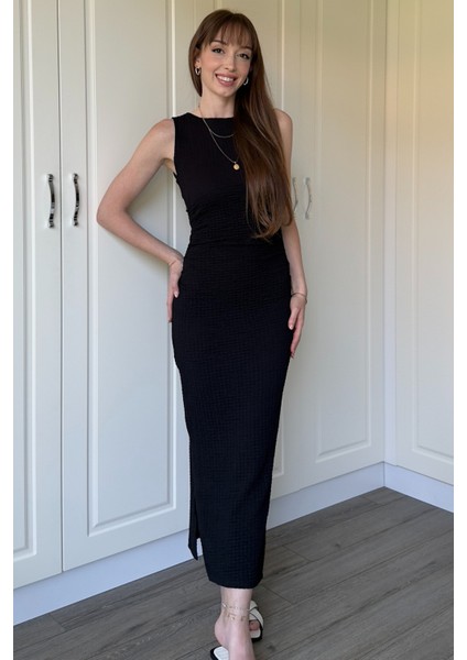 Gofre Kumaş Siyah Midi Elbise indirimleri