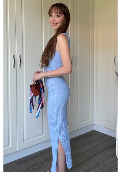 Gofre Kumaş Mavi Midi Elbise indirimleri